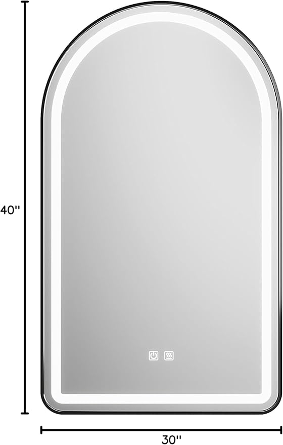 30x40 inch Black Tempered Glass LED Arched Mirror for Bathroom Vanity Mirror or Wall Decor Arch Mirror Brushed Metal Frame Wall Mounted Mirror for Bathroom