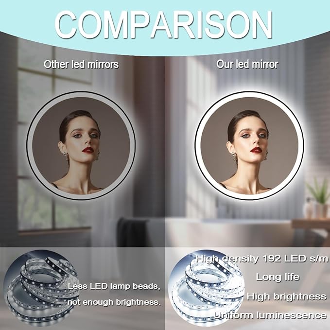 16 Inch Black Bathroom LED Mirror with Light, Black Frame, AntiFog, 3 Color, Wall Mounted Circle Lighted Mirror