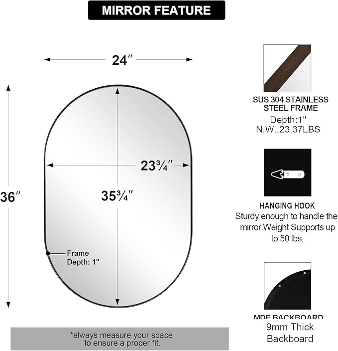Andy Star Bronze Bathroom Mirror, 24x36 Brushed Bronze Oval Mirror, Oval Wall Mirror, Oval Vanity Mirror Metal Frame Deep 1’’ Hang Vertical or Horizontal
