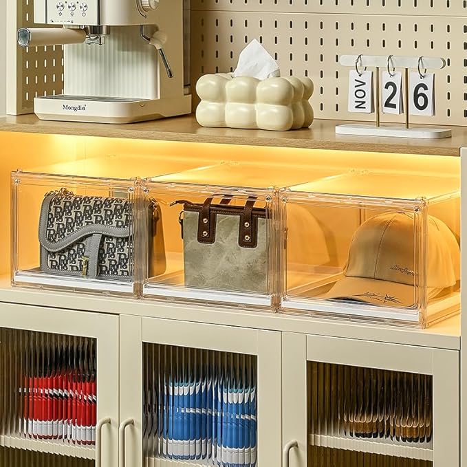 Stackable Clear Handbag Display Case for Closet with Drawers, Acrylic Box Display Case Showcase with Magnetic Door, Plastic Storage Bins Storage Drawers Containers for Organizing