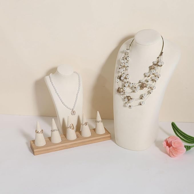 GemeShou Beige wood ring storage organizer, Velvet Jewelry ring display holder, Cute ring display stand for selling, wedding ring holder at nightstand【Beige with five cone】