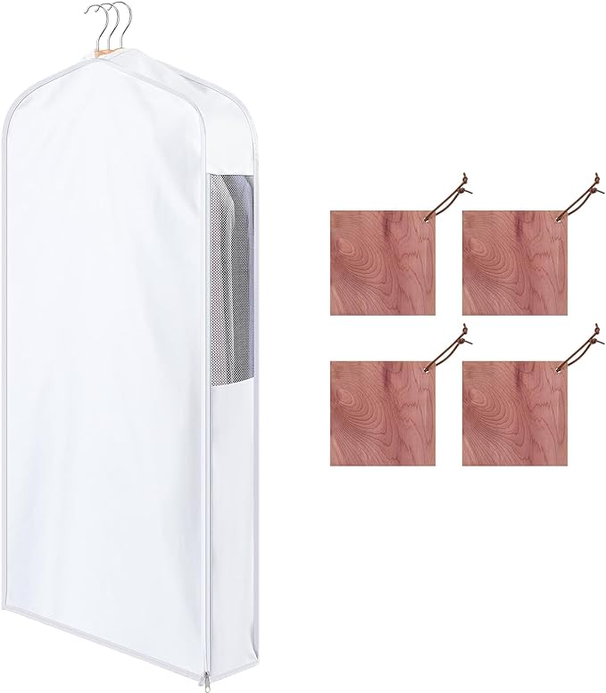 Cotton Garment Bag for Hanging Clothes and Storage with Cedar Blocks for Fresh Smell and Moth Protection Sandpaper for Suit Fur Coat Jacket Sweater(40 x 24 x 6 Inch,White,1 Set)
