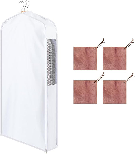 Cotton Garment Bag for Hanging Clothes and Storage with Cedar Blocks for Fresh Smell and Moth Protection Sandpaper for Suit Fur Coat Jacket Sweater(40 x 24 x 6 Inch,White,1 Set)