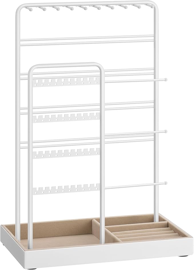 SONGMICS Jewelry Holder, Jewelry Organizer, Jewelry Display Stand with Metal Frame, Velvet Tray, Necklace Earring Bracelet Holder, for Studs, Rings, Gift Idea, Matte White UJJS028W01