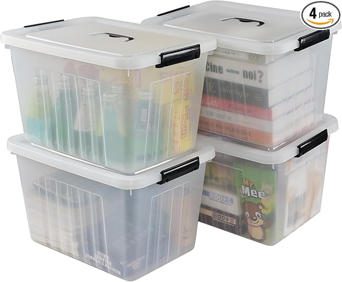 20 L Clear Storage Box with Handle, Plastic Latching Organizing Bin, 4 Pack