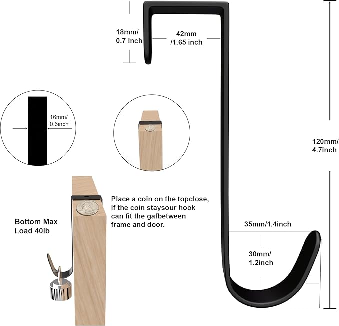 5 Pack Over The Door Hooks(L=4.7"), Over Door Hanger, Heavy Duty No Drill Hanger for Towels, Coats, Hats, Bags in Bathroom, Bedroom, Kitchen, Living Room-Black