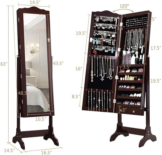 Giantex Jewelry Armoire Organizer with Full Length Mirror, 14 LEDs Floor Standing Jewelry Cabinet with 2 Drawers, 4 Adjustable Angles, Lockable Jewelry Storage Box Cabinet (Brown)