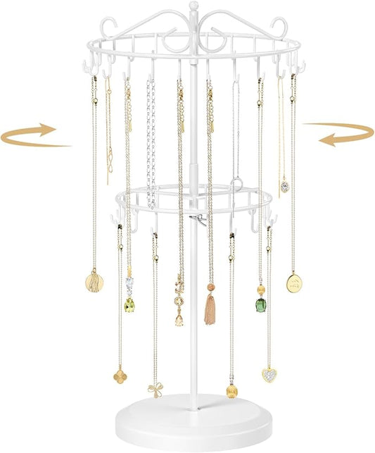 MODOWEY Rotating Necklace Holder Organizer Display Stand with 42 Hooks, 2 Tier Adjustable Metal Tree for Long Necklace Hanger Selling, Tall Spinning Bracelet Storage Rack for Men Women, White