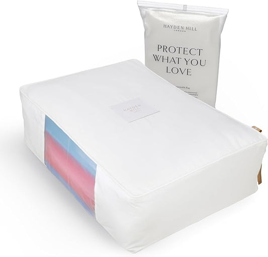 Hayden Hill Luxury Organic Cotton Sweater & Blanket Storage Bag - 20" Fits 9 Cashmere Sweaters or 2 Blankets - Moth Proof Garment Bag - Clothes Organizer With Zipper - Certified Carbon Neutral