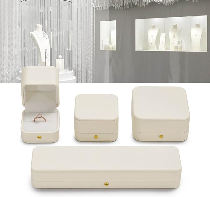 Oirlv Elegant White Ring Box Leather Engagement Ring Box Jewelry Gift Box for Wedding Proposal Velvet Interior Ring Case