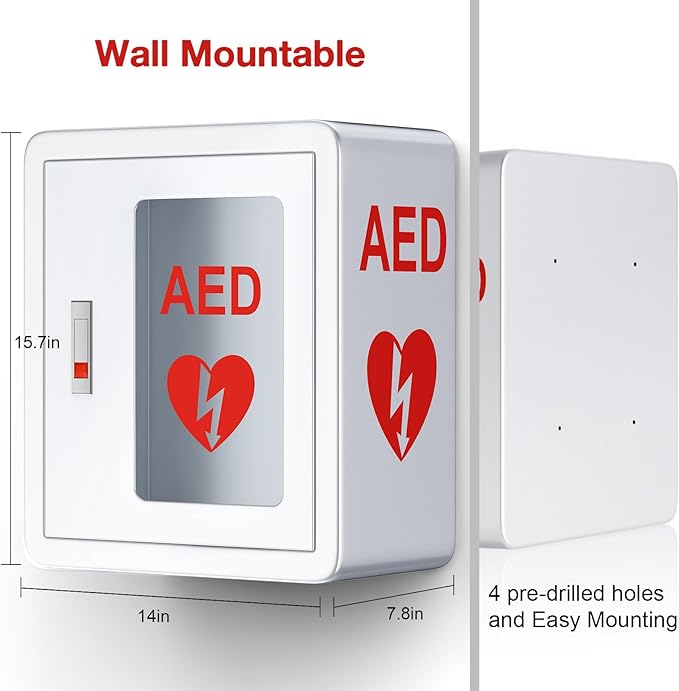 AED Cabinet Wall Mounted, AED Defibrillator Storage Cabinet with Snap Lock, Transparent Window fits for Home, Office, Hospital and Public Places, 14 x 7.8 x 15.7 Inch