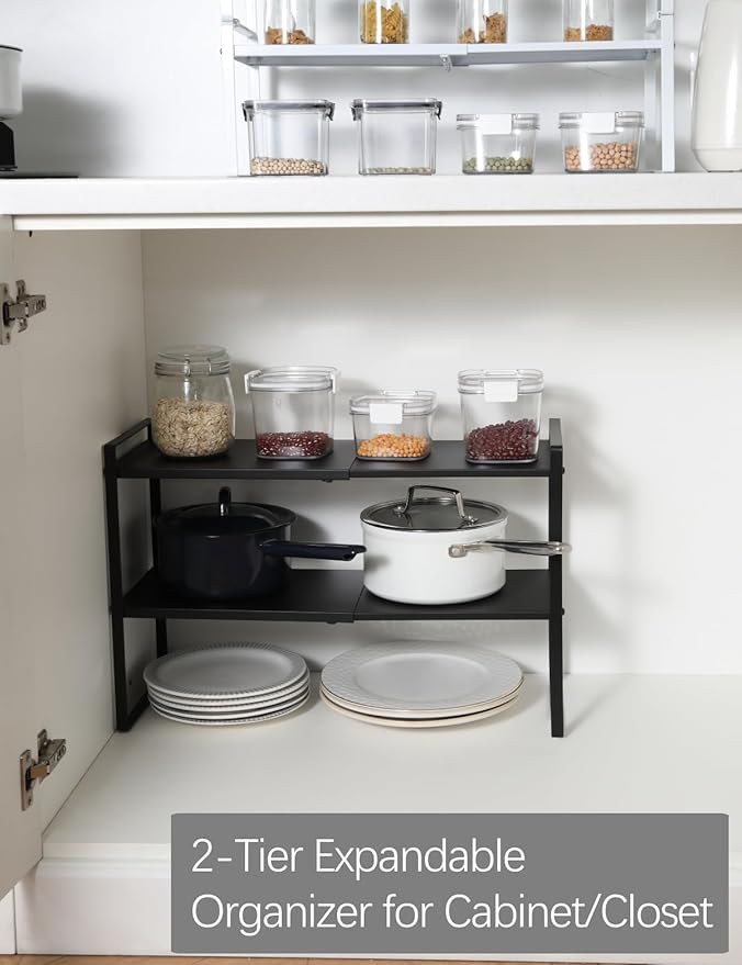 2-Tier Expandable Shelf Organizer for Kitchen Cabinet, Countertop, Pantry & Under-Sink Storage(Black)
