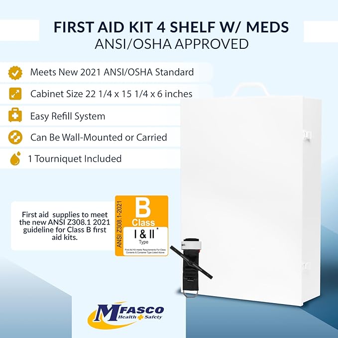 MFASCO Commercial Wall Mount 4 Shelf First Aid Kit - OSHA & ANSI Compliant, Refillable Metal First Aid Cabinet for Businesses, Large First Aid Kit Box for Office and Shop - No Label or Company Logo