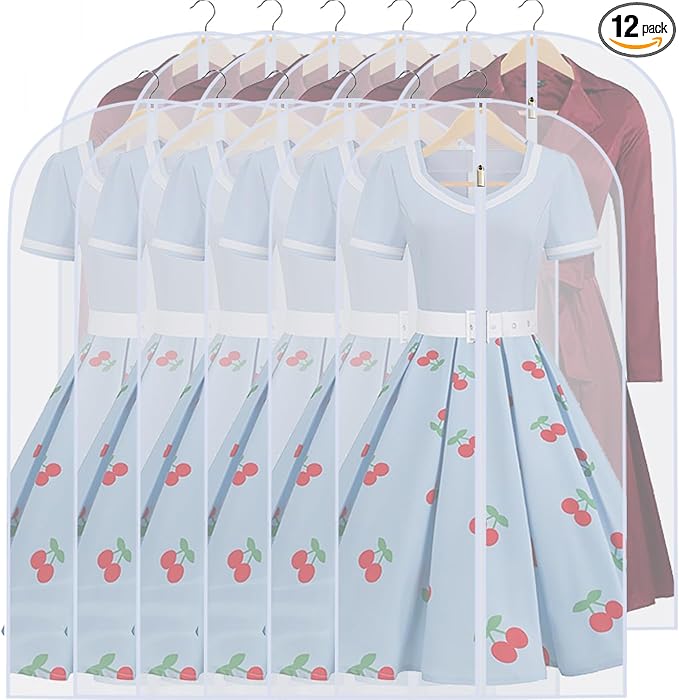Garment Bags for Hanging Clothes (24''X48'' Set of 12) Suit Bags for Closet Storage Plastic Waterproof Suit Cover Bags with Zipper for Suit, Sweaters, Coat Protector Travel Closet Clothing