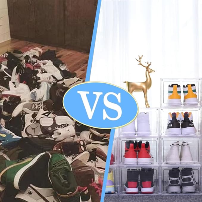 Large Clear Shoe Storage Boxes 12 Pack Stackable, Drop Front Magnetic Door Shoe Organizer with Plastic Sneaker Display Case Containers Transparent Shoe Rack for Closet Organization Fit US Size 12