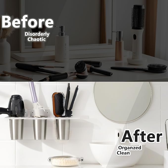 Hair Tool Organizer Wall Mount, Hair Dryer Holder and 2 Cup, Hair Hot Tools Organizer for Hair Styling Storage, Straighteners Holder, Curling Iron Holder, Hot Tool Storage for Bathroom Barbershops