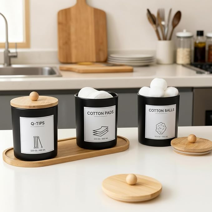 3 PCS Qtip Holder for Bathroom, Cotton Ball Holder with Tray, Bathroom Organizers and Storage, Bathroom Jars for Floss Picks, Cotton Swabs, Balls, Pad(Black)