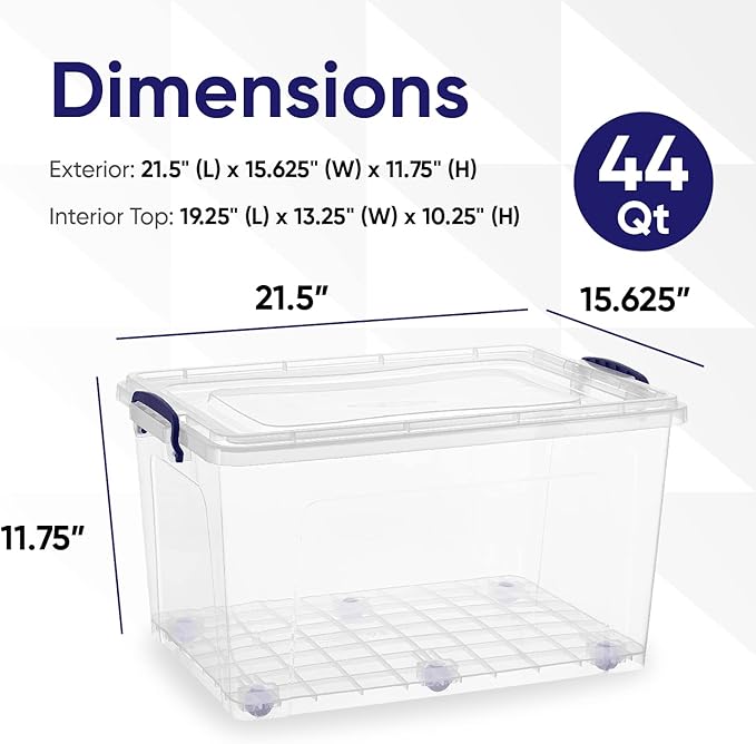 Superio Storage Bins with Lids- Clear Boxes for Organizing, Stackable Plastic Containers- BPA Free, Non-Toxic, Odor Free, Organizer for Home, Office, Dorm (6 Pack, 44 Qt (Wheeled))