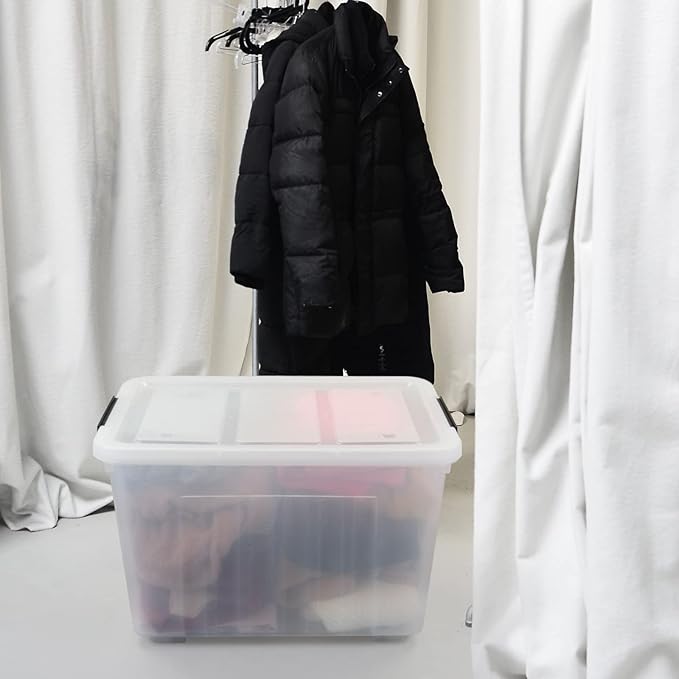 4-Pack Clear Large Plastic Storage Box with Wheels, 70 L Latching Storage Box