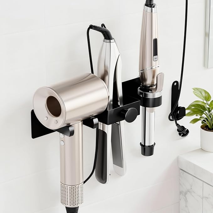 Hair Dryer Holder Wall Mount with Plug&Cord Organizer, Curling Iron Holder Flat Iron, 3-in-1 Bathroom Hair Tool Organizer and Storage, Straightener Holder, Metal Blow Dryer Holder Rack for Most Dryers
