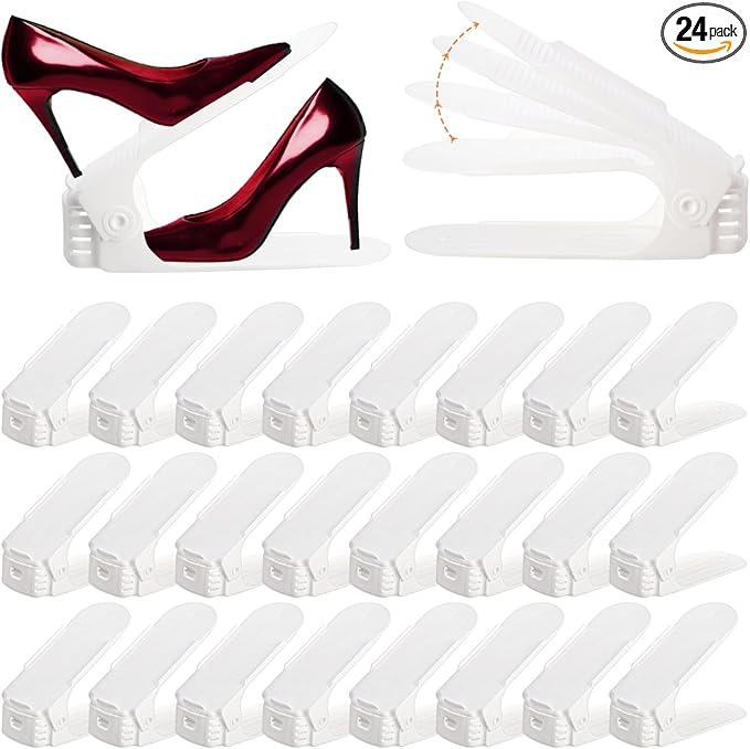 24 Packs Shoe Slots Organizer, Adjustable 4 Level Shoe Stacker, Double Layer Stack Shoe Holder, White Plastic Shoes Space Saver, Thickening Shoe Rack Holder for Closet Organization