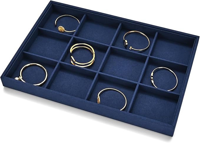12 Grids Jewelry Tray Bracelet Tray Bangle Tray Microfiber Jewelry Display Tray Stackable Jewelry Trays for Bracelet Bangle Holder Watch Earring Brooches Display Tray (Blue)