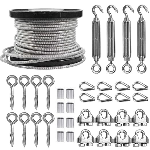 TooTaci 3/16 Wire Rope Kit, 200ft Vinyl Coated Stainless Steel Cable(1/8 Steel Core Overmolded to 3/16 Coated Cable), M6 Turnbuckles for Cables Wire, String Light Hanging, Deck Railing, Shade Sail