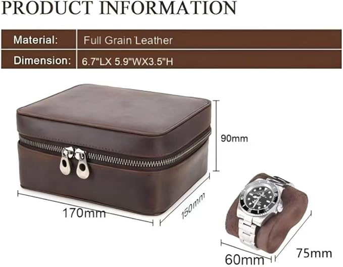 Watch Travel Case for Men, Genuine Leather Watch Case Travel Jewelry Case Vintage Travel Watch Box Handmaded Leather Watch Holder Cufflinks Box for Home Storage,Travel and Display