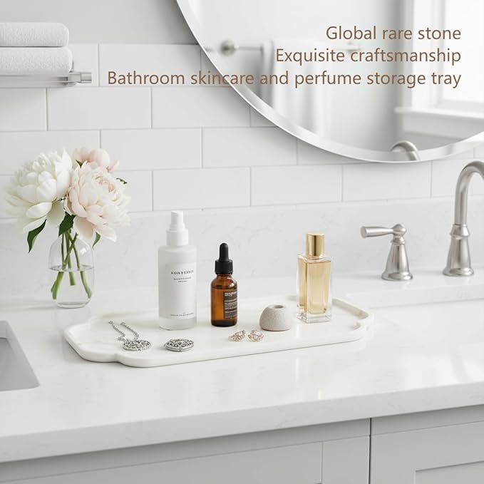 Marmor Real Natural Marble Bathroom Tray for Perfume, Candles, Jewelry Stone Vanity, Bathroom & Kitchen Counter Organizer and Home Decor (Calacatta Gold Marble Lace Long Plate)