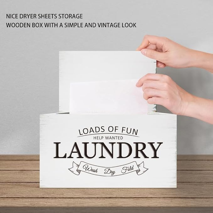 SUPERDANT Dryer Sheets Holder with Lid Rustic Dryer Sheet Dispenser Laundry Lettering Dryer Sheets Container Laundry Fabric Softener Dispenser Box for Laundry Room Organization Storage White