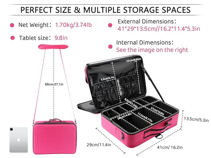 gzcz Large Capacity 16.5 inches Professional Travel Makeup Train Case Portable Artist Cosmetic Brush Organizer Storage Bag With Adjustable Dividers And Shoulder Strap for Toiletry Jewelry （Rose Red）