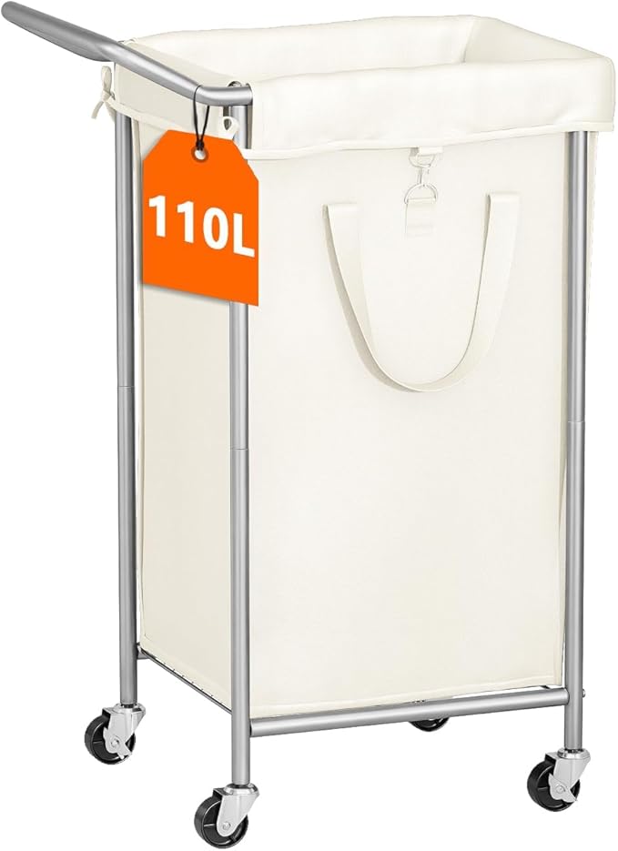 110L Large Laundry Hampers, Oxford Fabric Laundry Hampers Clothes Hampers, Metal Frame and Removable Bag Design with Wheels, Suitable for Bedroom, Bathroom, Dorm Room, Laundry Room (Silver Beige)