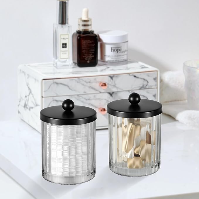Amolliar Qtip Holder Dispenser for Cotton Swabs, Cotton Balls, Pads, Floss Picks, Clear Glass Canister Apothecary Jar, Bathroom Essential Accessories Decor, Bathroom Storage Organizer (Black, 2 Pack)