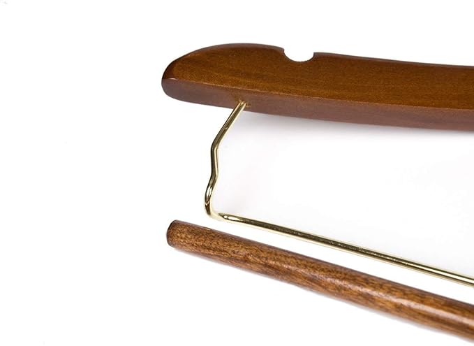 10 Quality Hangers Curved Wooden Hangers Beautiful Sturdy Suit Coat Hangers with Locking Bar Gold Hooks Walnut Finish (10)