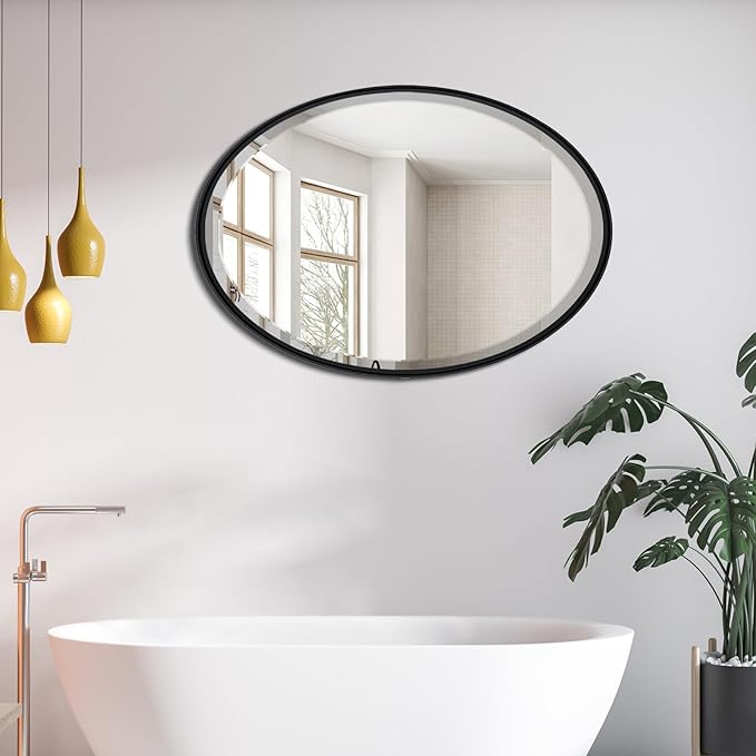 POZINO Matte Black Oval Beveled Mirror, 20"x28" Bathroom Mirror for Over Sink, Modern Rounded Vanity Wall Mirrors for Bedroom Living Room Entryway Fireplace, Wall Mount Hangs Horizontal Or Vertical