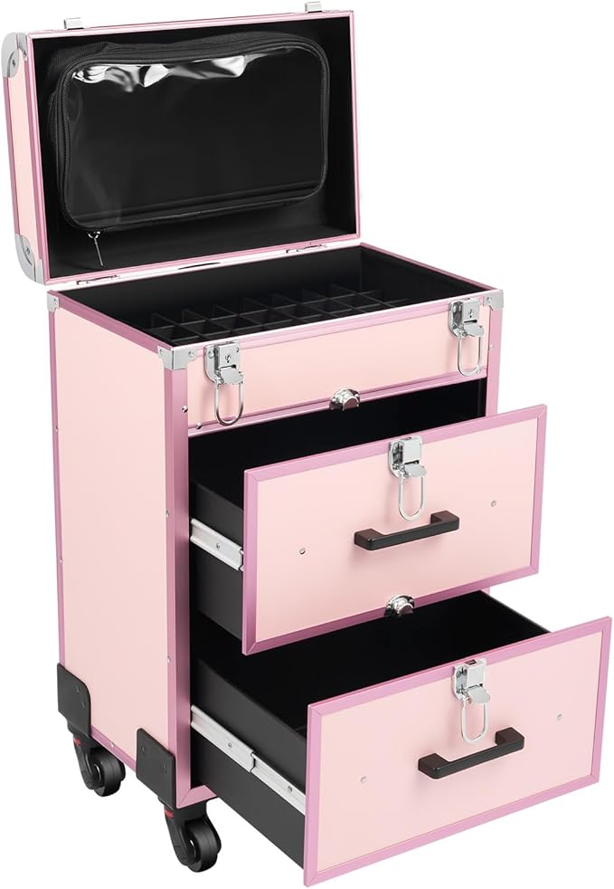 Professional Rolling Makeup Train Case with Drawers, Large Cosmetic Trolley with Locks,Cosmetic Trolley Organizer Case for Travel Makeup/Nail Art/Hair Styling (Pink)