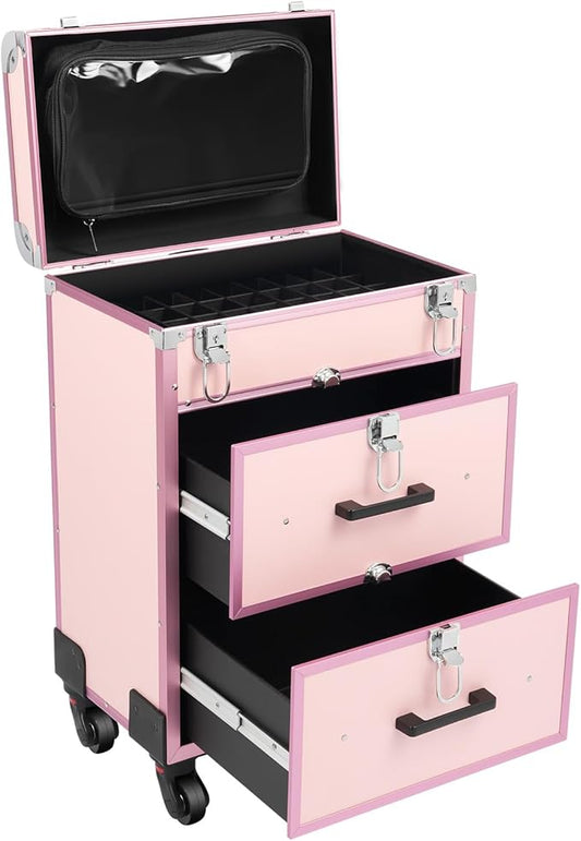 Professional Rolling Makeup Train Case with Drawers, Large Cosmetic Trolley with Locks,Cosmetic Trolley Organizer Case for Travel Makeup/Nail Art/Hair Styling (Pink)