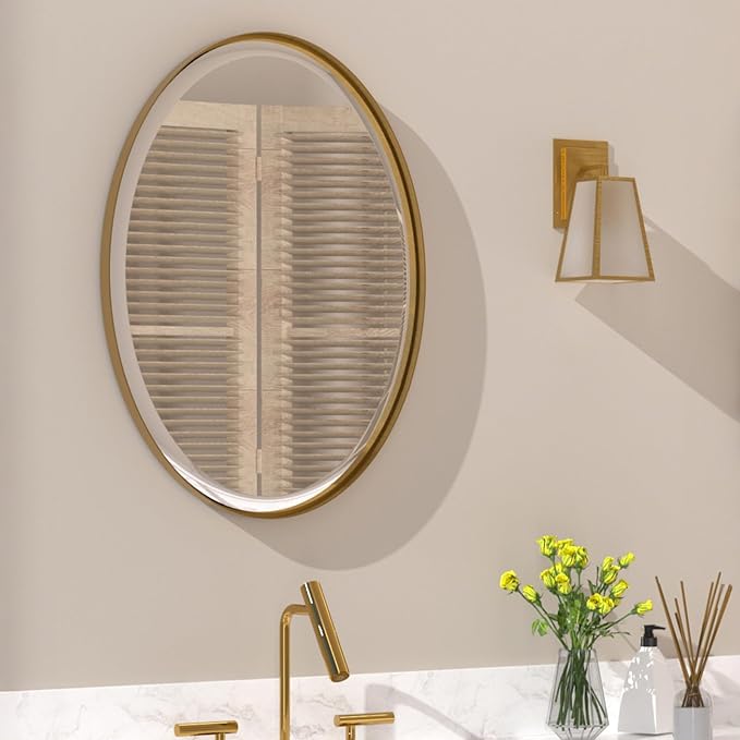 POZINO Brush Oval Vanity Mirror, 20"x28" Gold Mirror for Over Sink, Modern Rounded Mirrors with Stainless Steel Frame, Brass Beveled Mirrors for Bathroom Bedroom Living Room, Horizontal Or Vertical