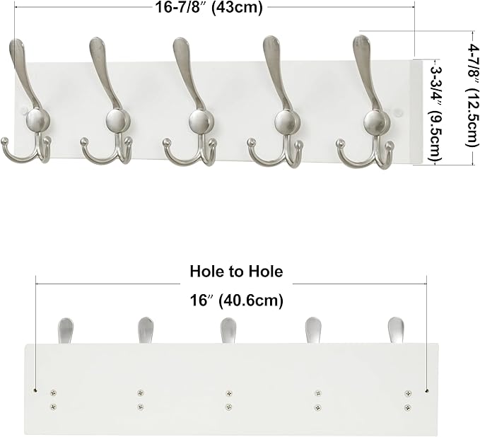 SKOLOO Creations White Solid Wood Wall Mounted Coat Rack, 5 Hooks, 16-7/8" Long - Kitchen, Mudroom, Entryway, Bathroom - Includes Mounting Hardware, Wall Coat Hanger, Towel Rack