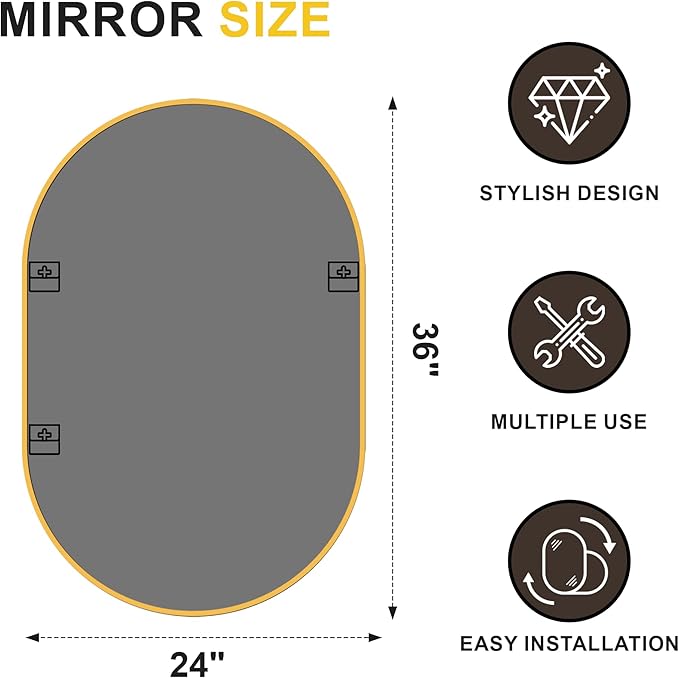 Oval Bathroom Mirror for Wall, 24"x36" Bathroom Vanity Mirror for Over Sink, Bedroom, Living Room, Entryway, Metal Frame with HD Shatterproof Glass, Wall Mounted Horizontally or Vertically (Gold)
