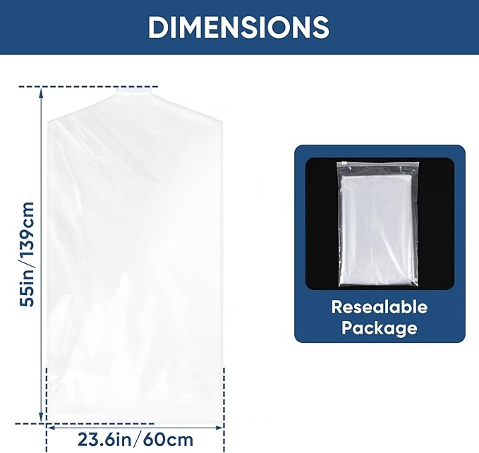 100 Pack 23.6"x55" Garment Bags for Hanging Clothes, Thick Clear Plastic Dry Cleaning Covers for Closet Storage & Travel