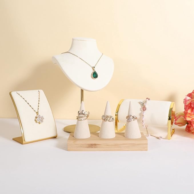 GemeShou Beige wood ring storage organizer, Velvet Jewelry ring display holder, Cute ring display stand for selling, wedding ring holder at nightstand【Beige with three cone】