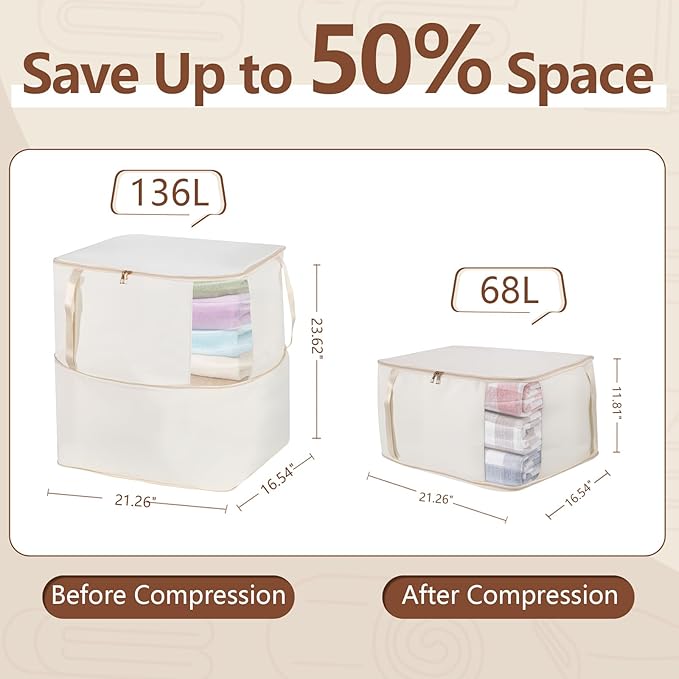 Comforter Storage Bag, Large Capacity Blanket Storage Bags with Visual Window, Ultra Space Saving Self Compression Organizer, Washable Compression Bag for Duvet, Down Jacket, Pillow, 2-Pack 136L Beige