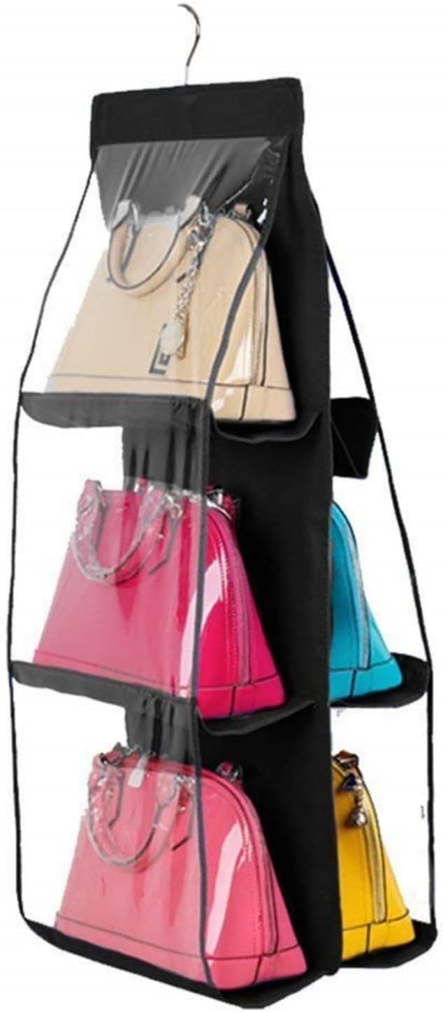 HAN SHENG 6 Pockets Clear Handbag & Purse Organizer Hanging Bag Storage - Space Saving Hanging Shelf for Closet, Wardrobe, Over Door (1 Pack, Black)