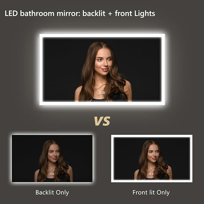 APRILSOUL 55x36 Inch LED Mirror for Bathroom, Led Vanity Mirror with Front and Backlit, 3 Color Lights, Memory Function, Anti-Fog and Dimmable Light (Horizontal/Vertical)