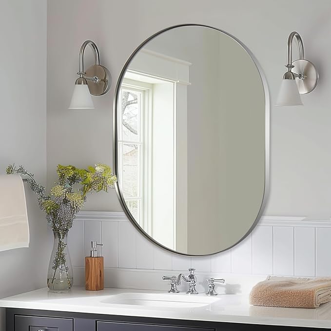 ANDY STAR 24x32'' Oval Mirror, Polished Chrome Oval Mirror Pill-Shaped Design in Stainless Steel Metal Frame for Bathroom, Entryway, Living Room, Contemporary 1" Deep Wall Mount Vertical or Horizontal