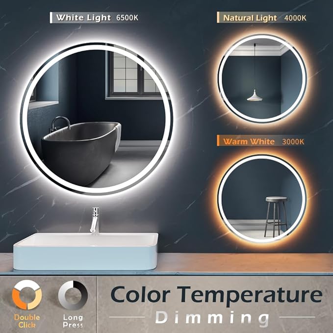 KWW 32 Inch Large Modern LED Round Bathroom Vanity Mirror, Color Temperature Adjustable, Anti-Fog Dimmable Lights, Easy to Install, Wall Mounted Makeup Mirror with Smart Touch Button
