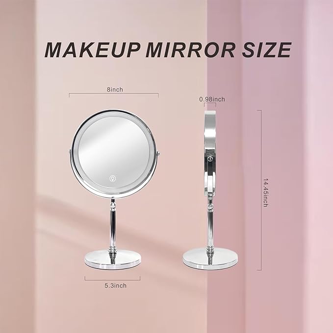 Makeup Mirror with Lights ，8 Inch 1X/10X Rechargeable Double Sided Magnifying, 360° Rotation LED HD Mirror with 3 Colors，Brightness Adjustable, Gifts for Wowen & Men