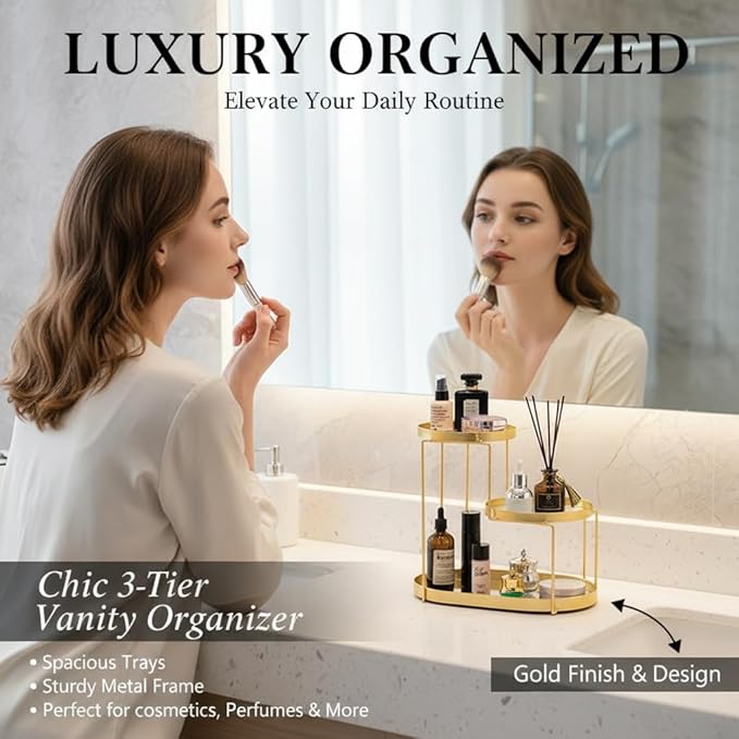 Makeup Organizer Countertop, 3 Tiers Skincare Organizer with Gold Finish, Durable Metal Storage for Bathroom or Bedroom Vanity, Tall Spacious Design for Large Bottles