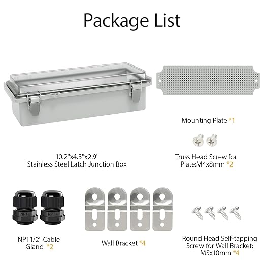 LeMotech Electrical Box, IP67 Waterproof Hinged Clear Cover Stainless Steel Latch Junction Box, ABS Plastic Electrical Enclosure with Mounting Plate,Wall Brackets, Cable Glands,10.2"x4.3"x2.9",Grey